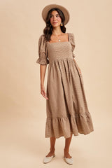 Mocha Gingham Square Neck Midi Dress