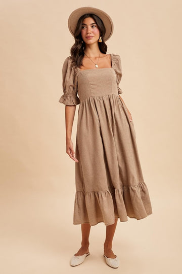 Mocha Gingham Square Neck Midi Dress