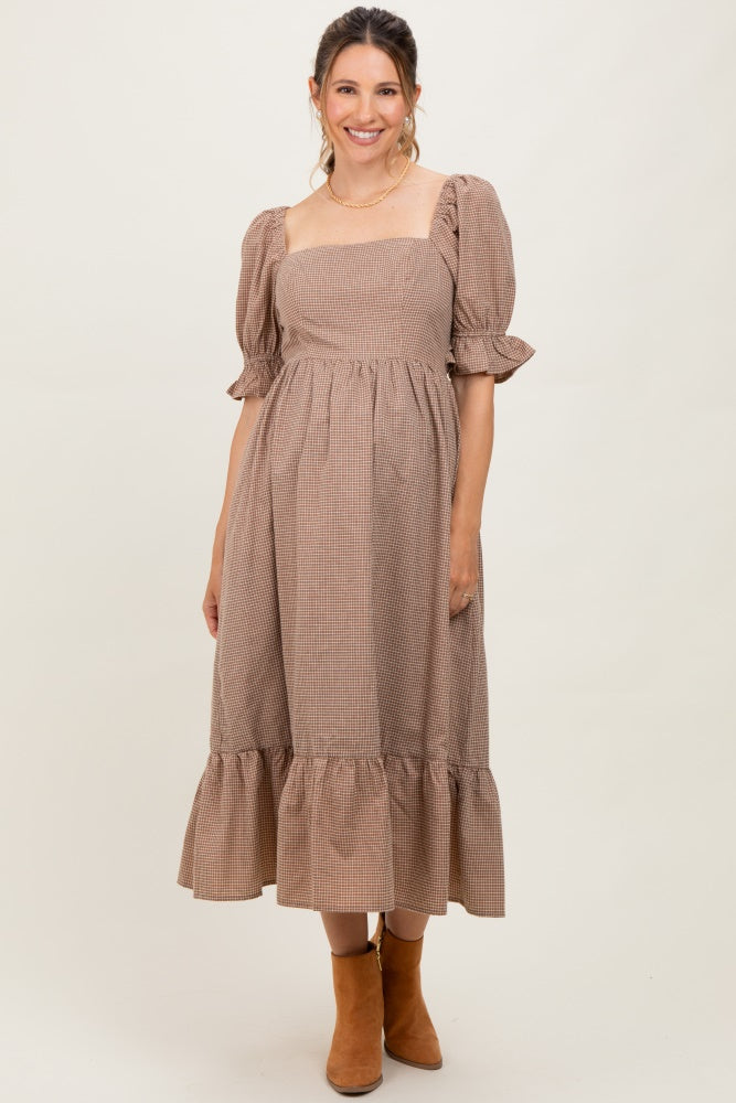 Mocha Gingham Square Neck Maternity Midi Dress