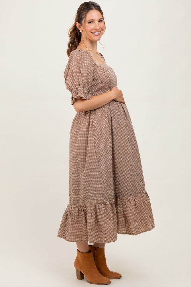 Mocha Gingham Square Neck Maternity Midi Dress