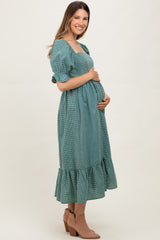Teal Gingham Square Neck Maternity Midi Dress