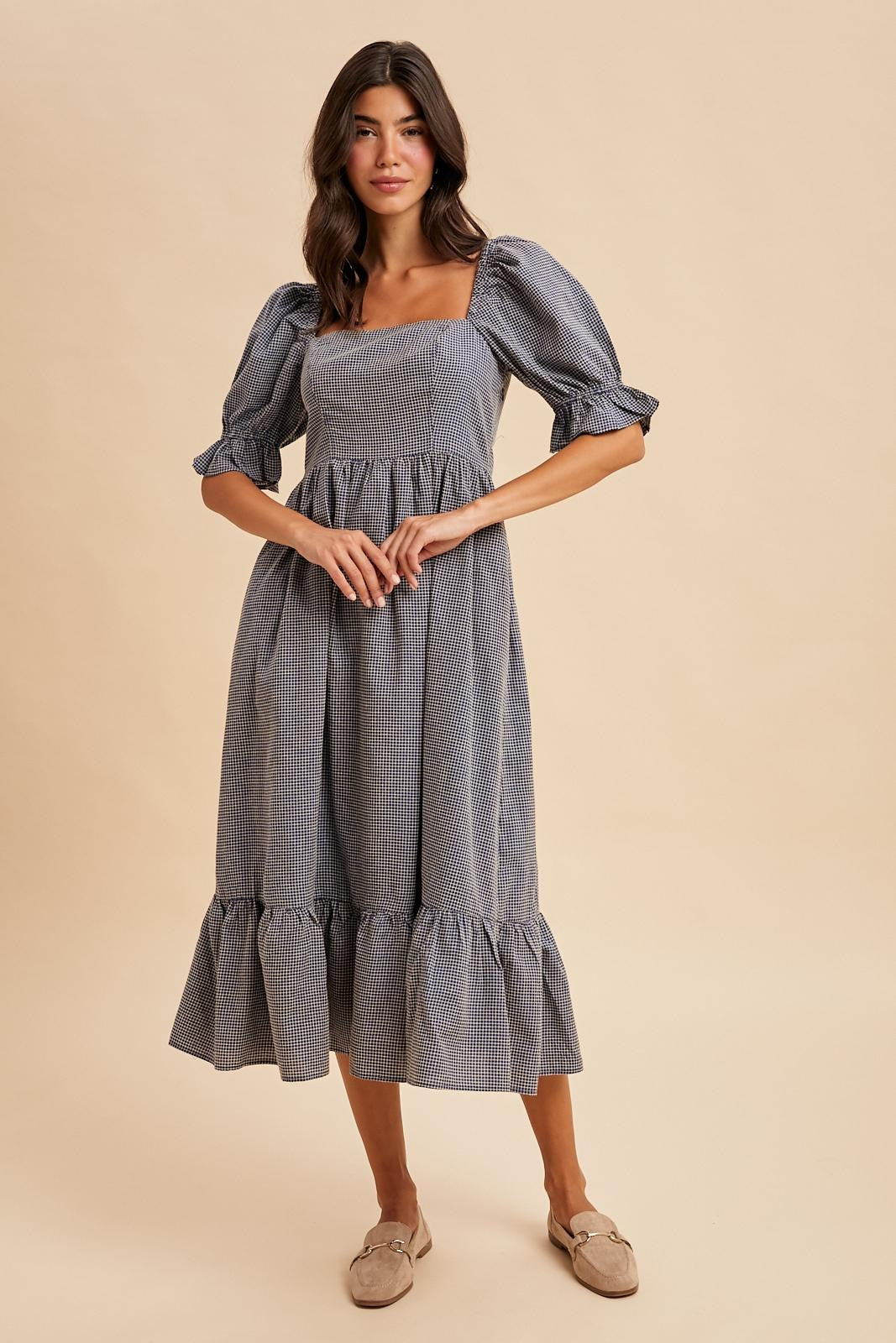 Navy Gingham Square Neck Midi Dress