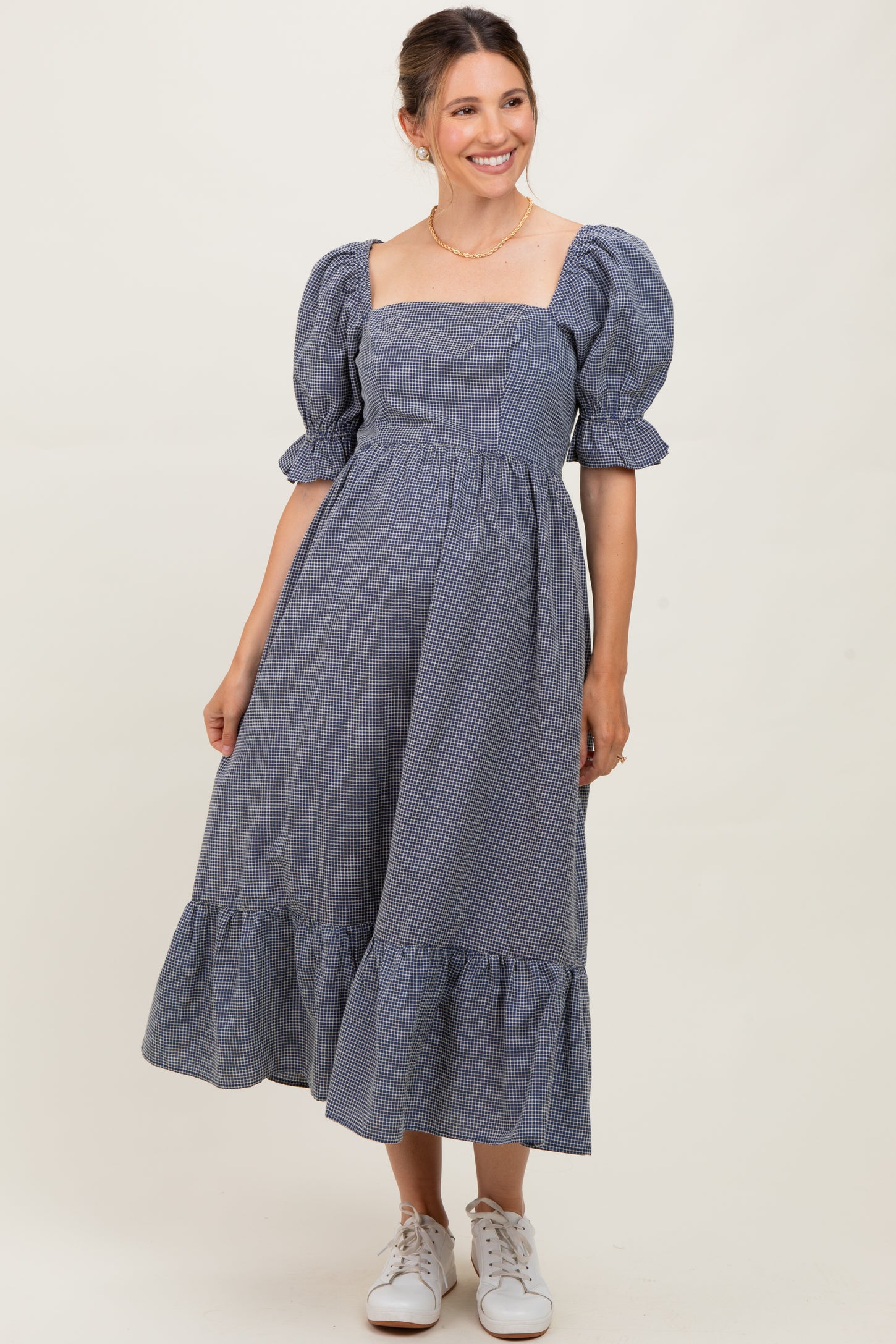 Navy Gingham Square Neck Maternity Midi Dress