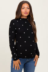 Black Knit Embroidered Floral Ruffle Hem Maternity Top