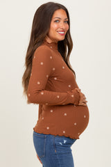 Dark Camel Knit Embroidered Floral Ruffle Hem Maternity Top
