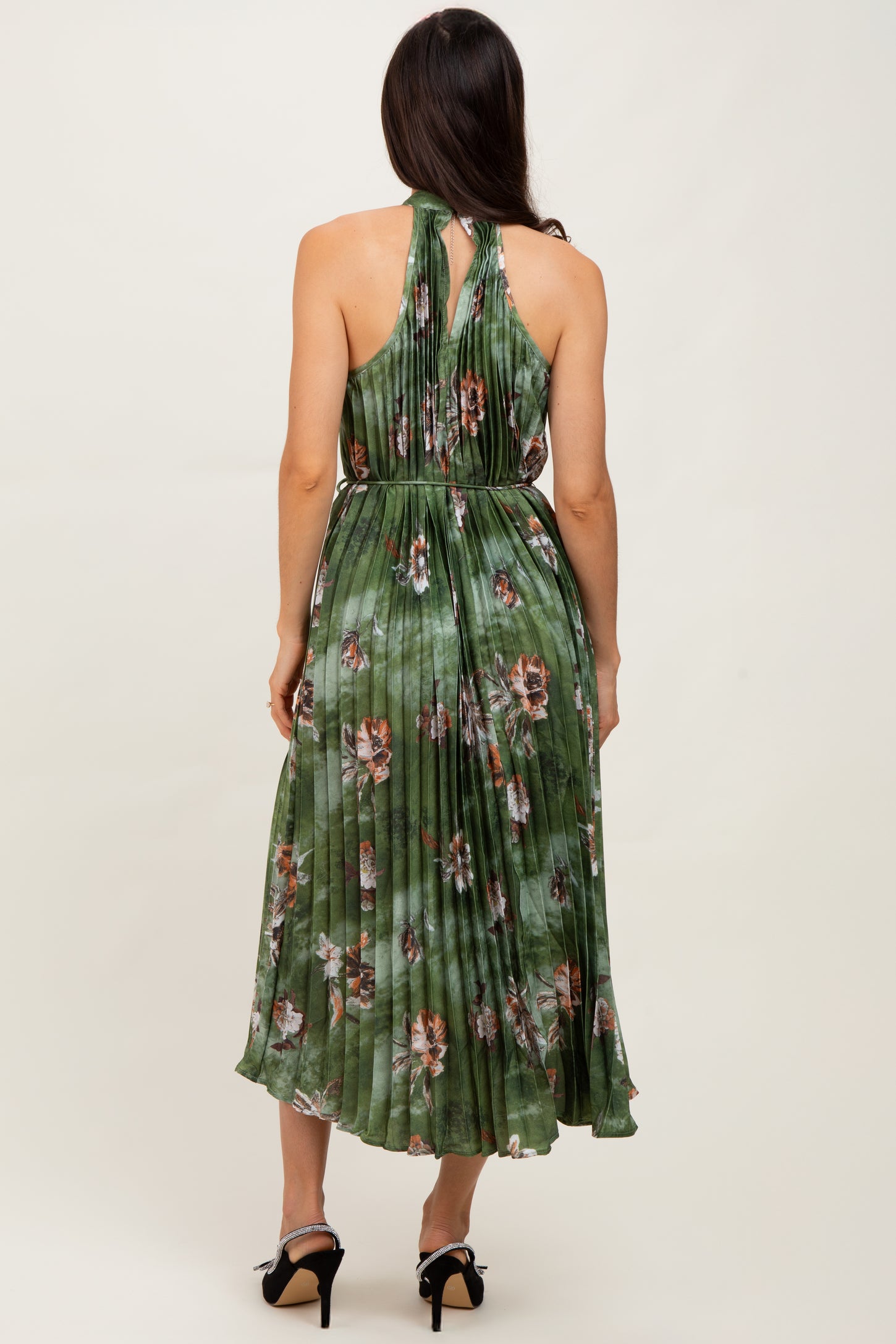Olive Floral Pleated Halter Midi Dress