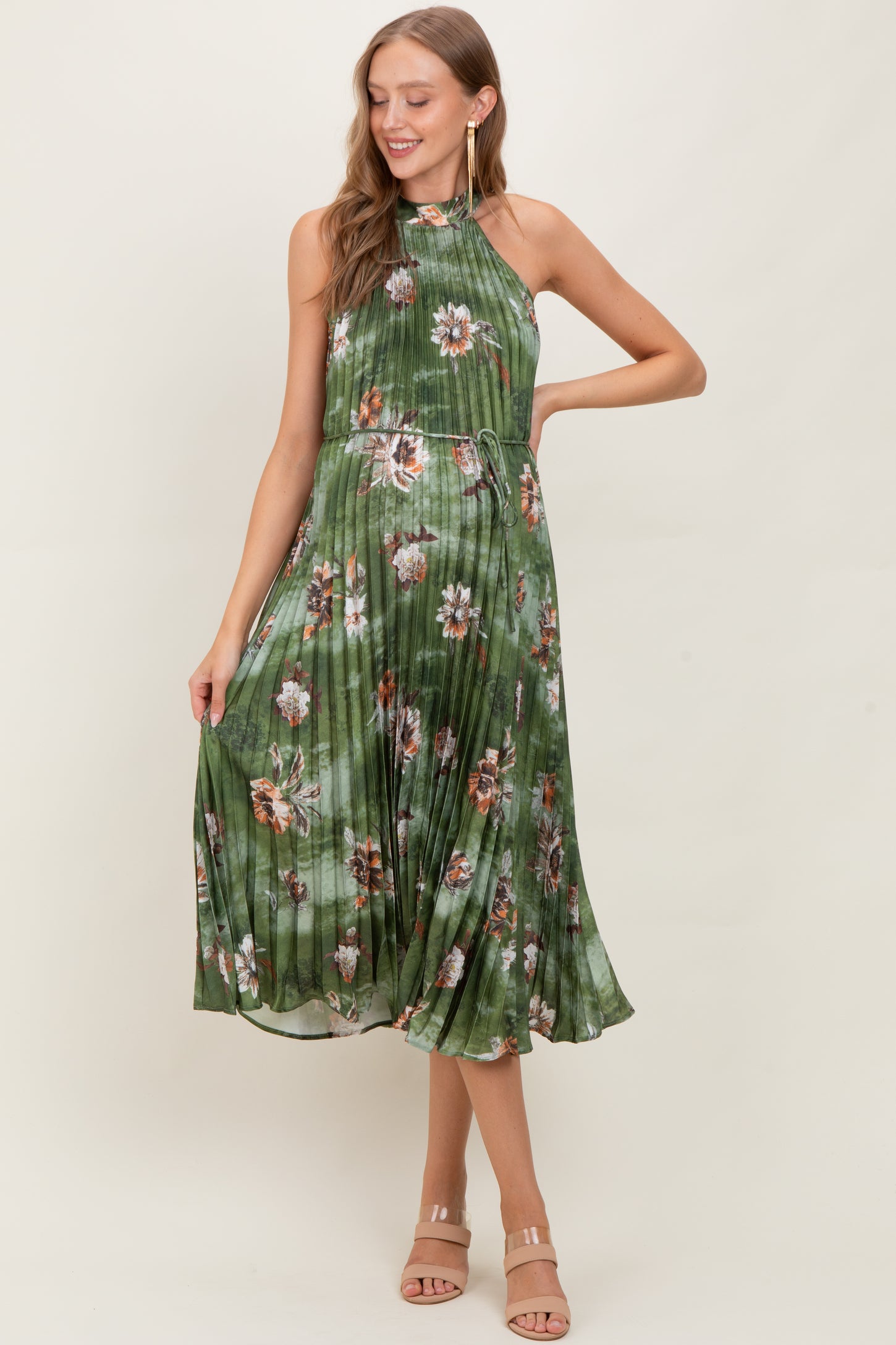 Olive Floral Pleated Halter Maternity Midi Dress