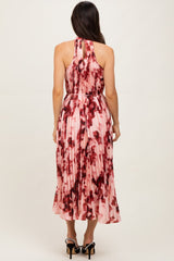 Red Floral Pleated Halter Midi Dress