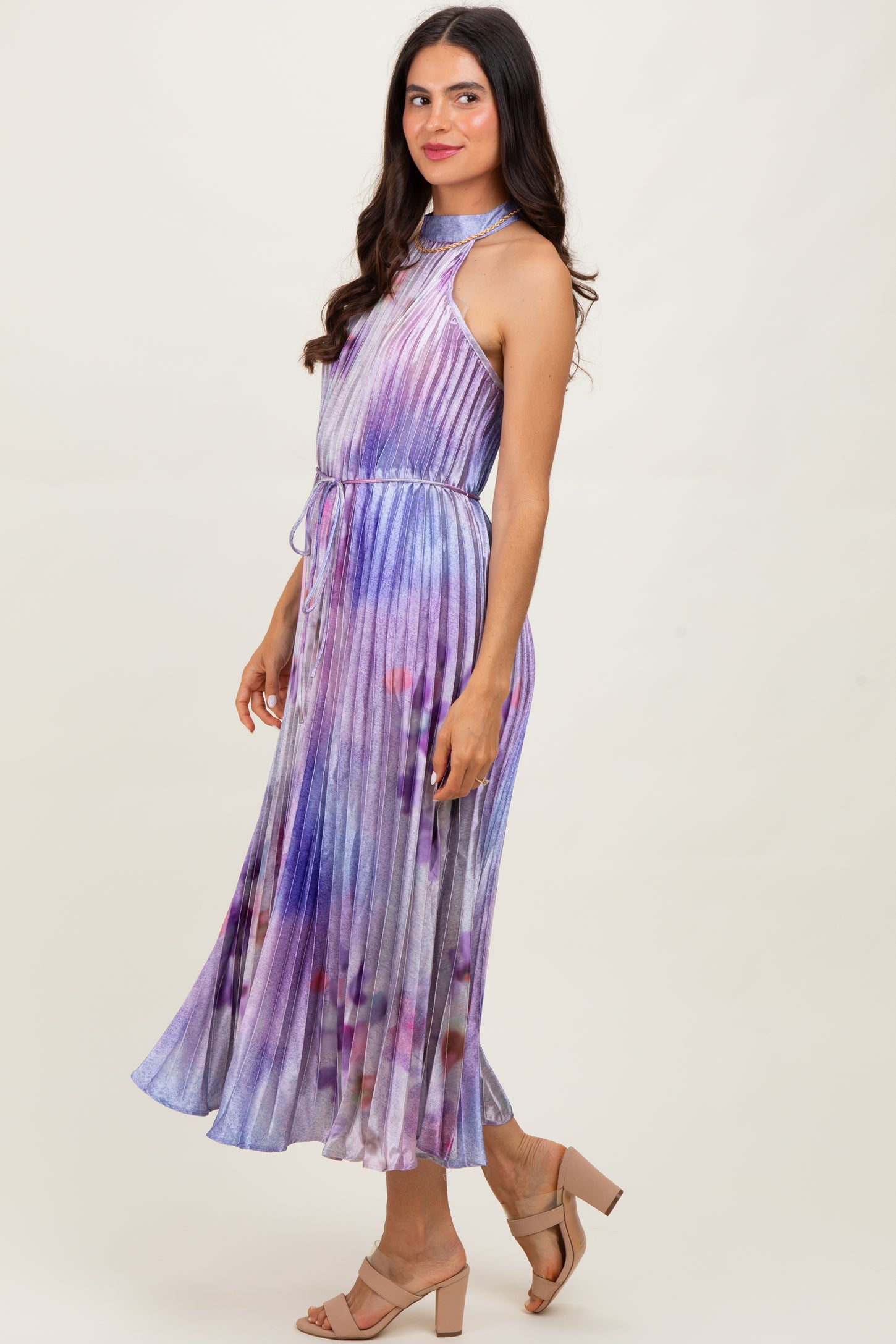 Lavender Floral Pleated Halter Midi Dress