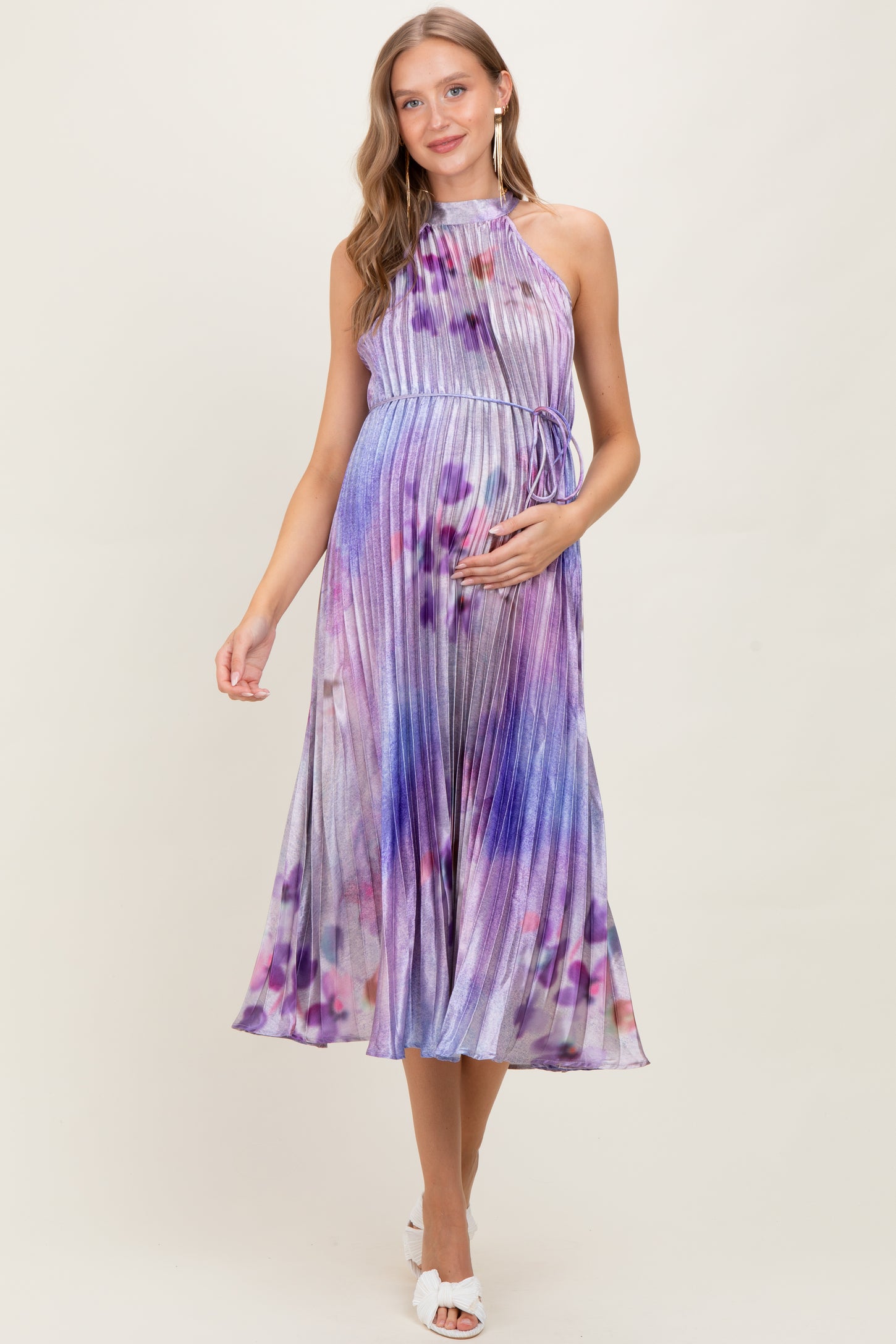Lavender Floral Pleated Halter Maternity Midi Dress