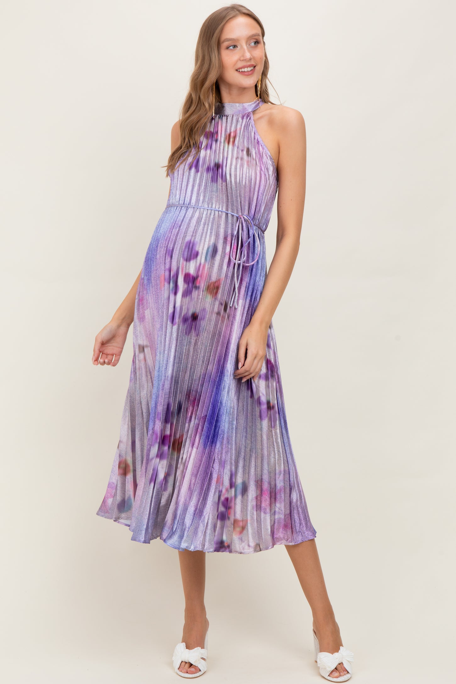 Lavender Floral Pleated Halter Maternity Midi Dress