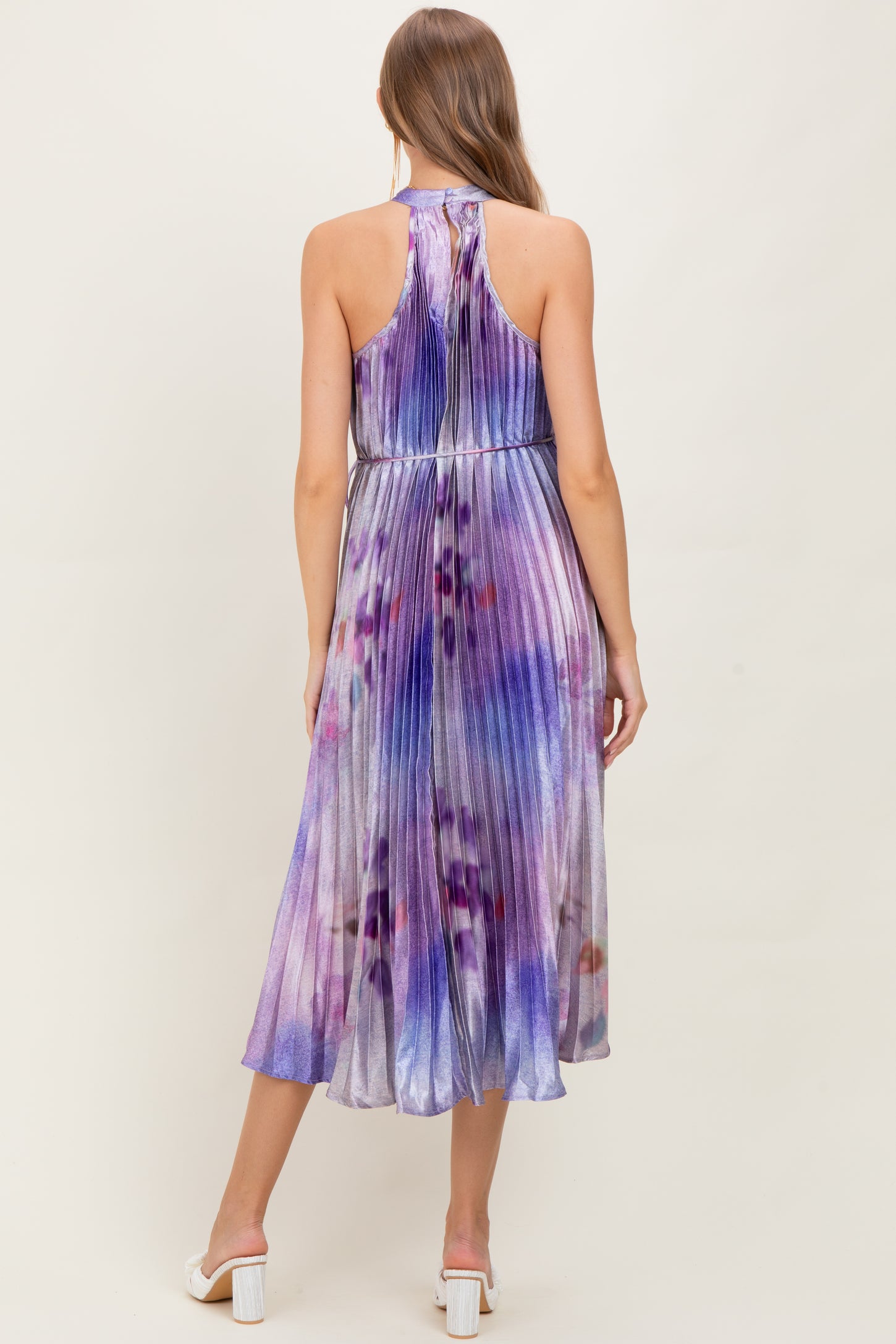 Lavender Floral Pleated Halter Maternity Midi Dress