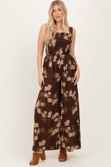 Brown Floral Smocked Maternity Jumpsuit