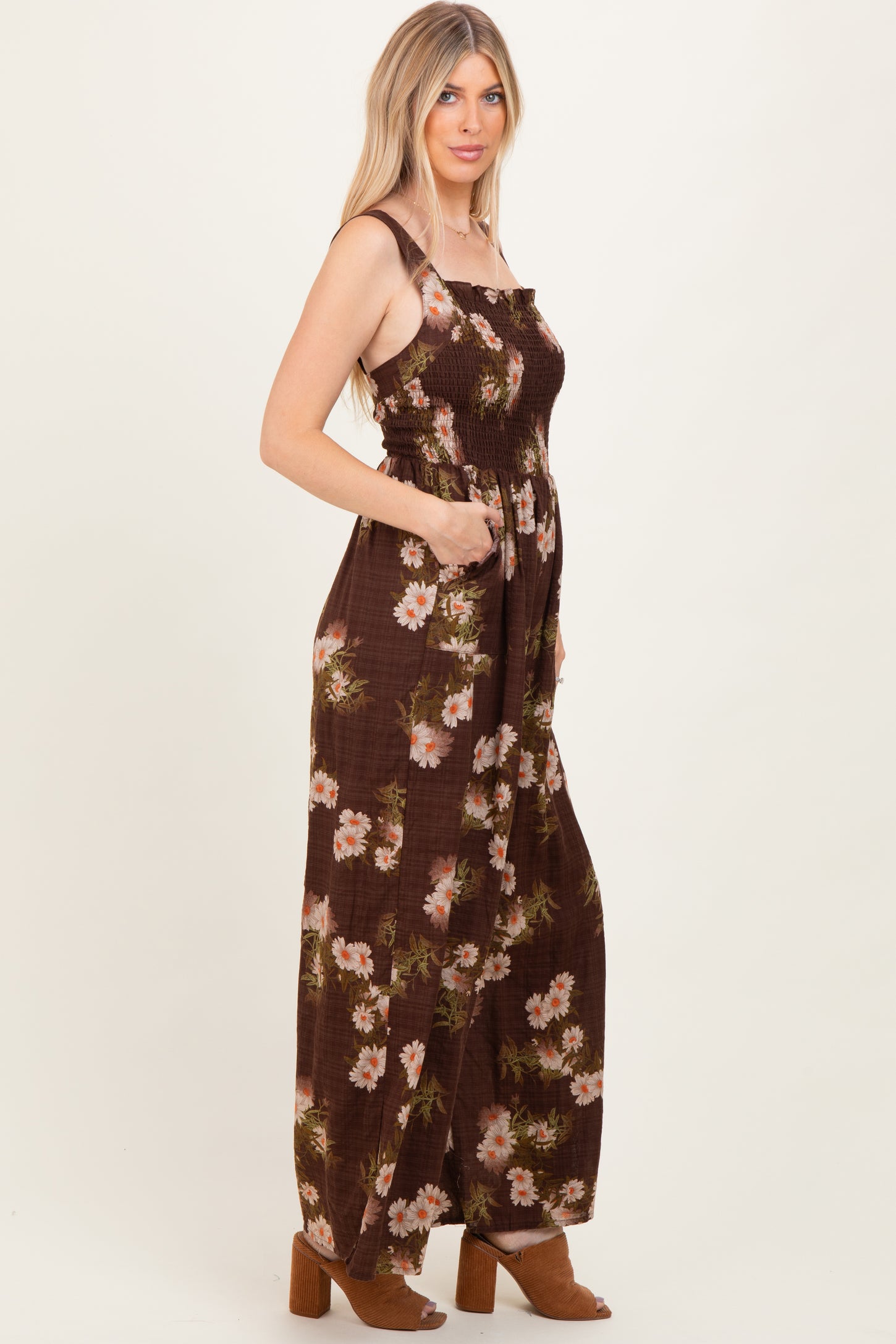 Brown Floral Smocked Jumpsuit