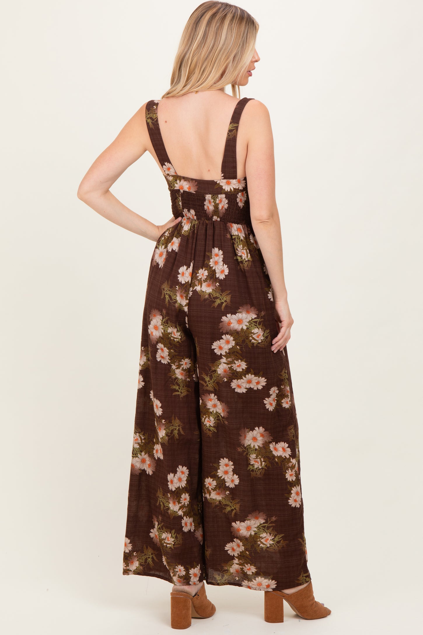 Brown Floral Smocked Jumpsuit