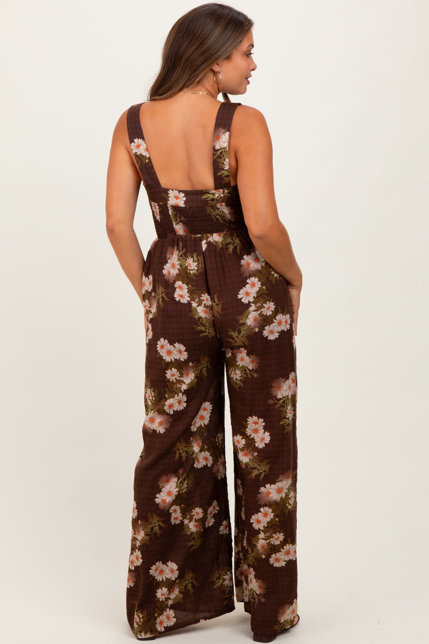 Brown Floral Smocked Maternity Jumpsuit