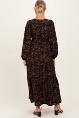 Black Floral Smocked Waist Long Sleeve Maternity Midi Dress