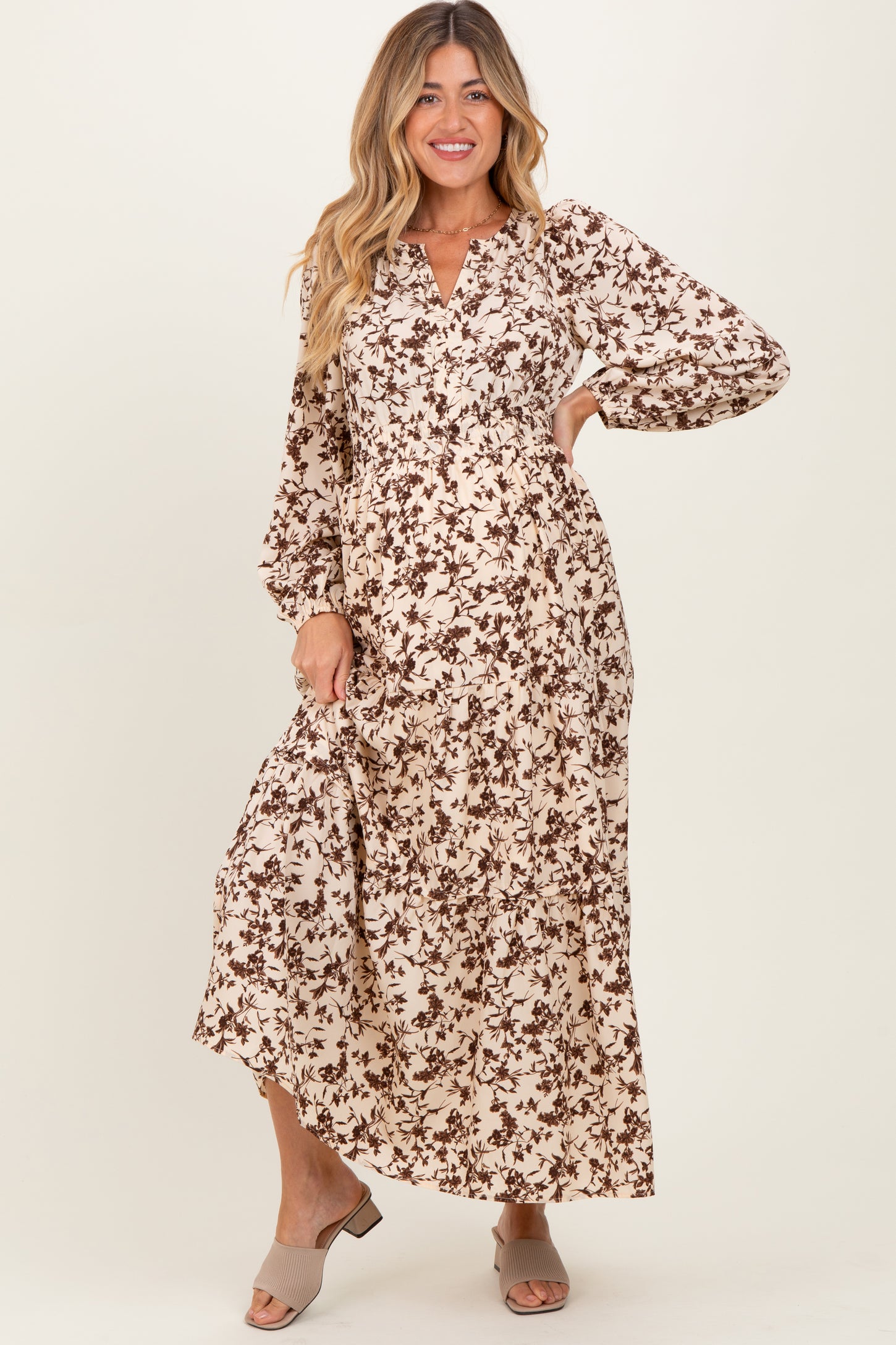 Cream Floral Smocked Waist Long Sleeve Maternity Midi Dress