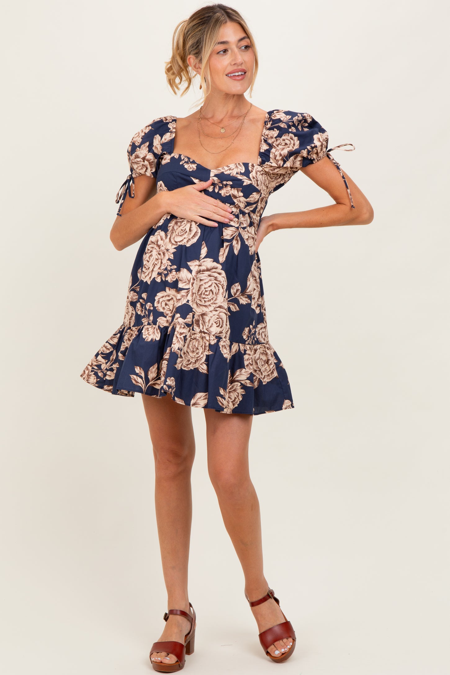 Navy Floral Sweetheart Neckline Maternity Mini Dress