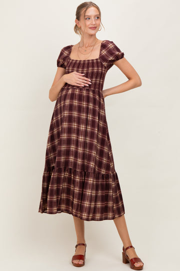 Burgundy Plaid Smocked Puff Sleeve Maternity Midi Dress