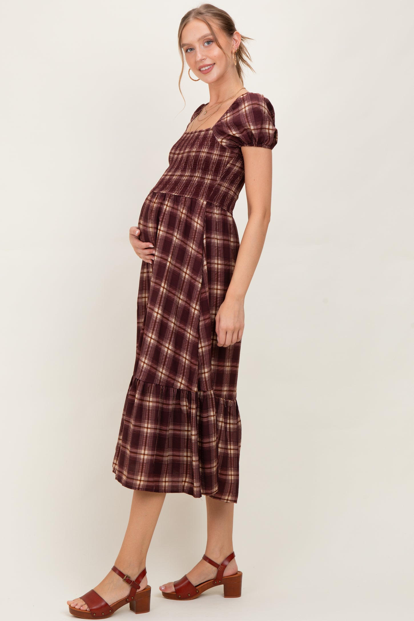 Burgundy Plaid Smocked Puff Sleeve Maternity Midi Dress