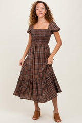 Brown Plaid Smocked Puff Sleeve Maternity Midi Dress