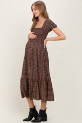 Brown Plaid Smocked Puff Sleeve Maternity Midi Dress