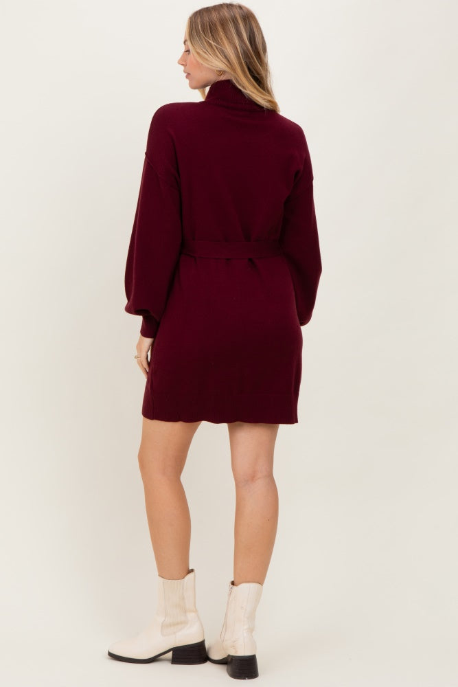 Burgundy Turtleneck Belted Mini Sweater Dress