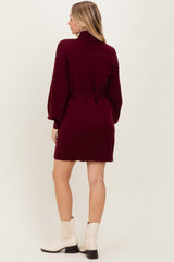 Burgundy Turtleneck Belted Mini Sweater Dress