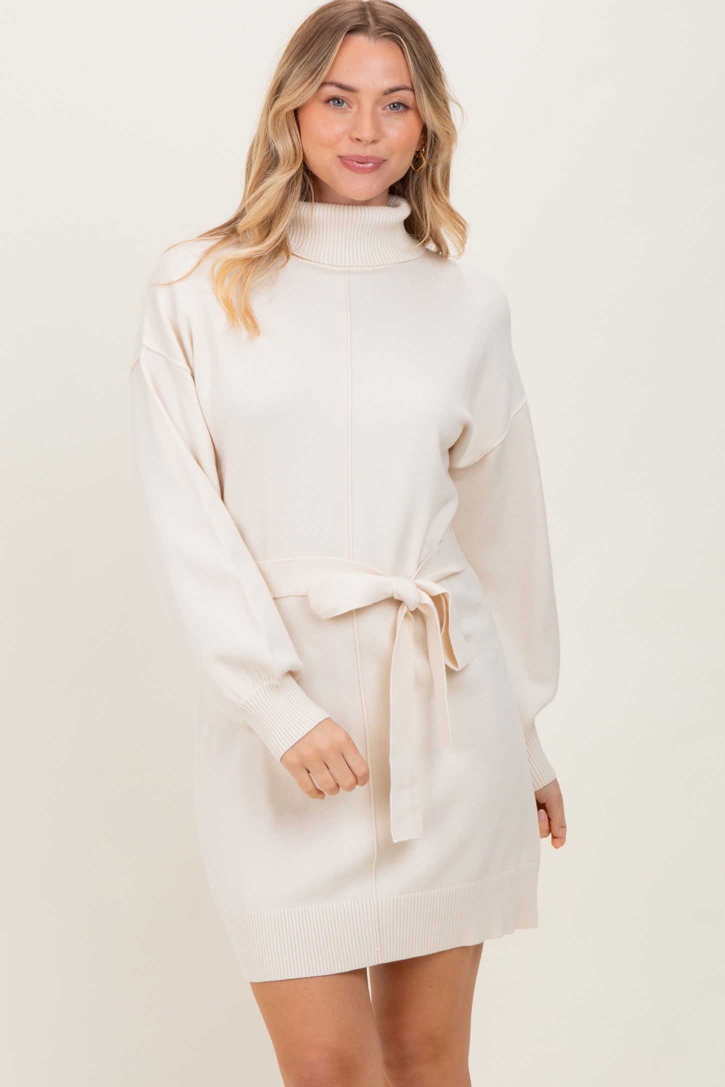 Cream Turtleneck Belted Mini Sweater Maternity Dress