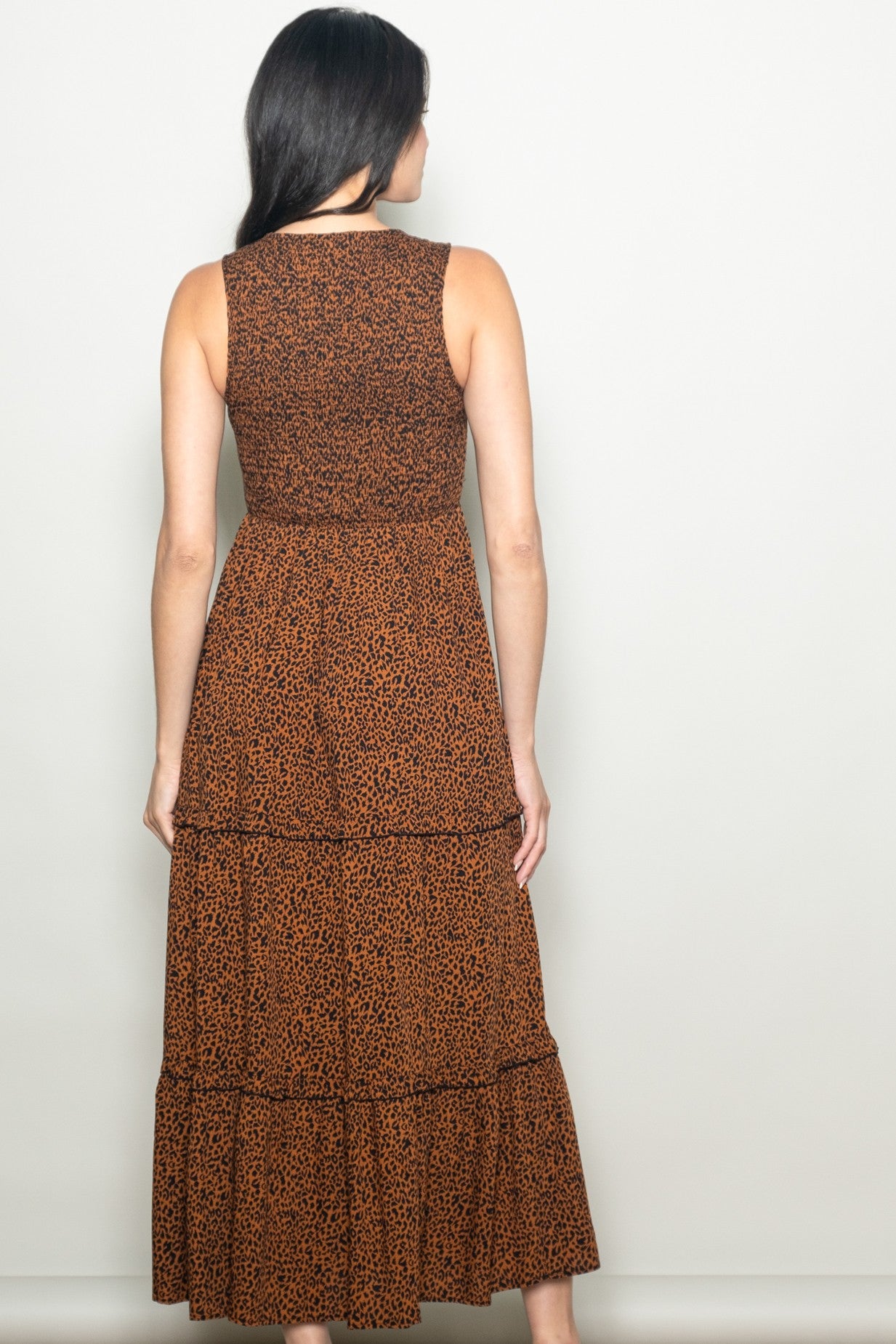 Brown Animal Print Sleeveless Smocked Tiered Maxi Dress