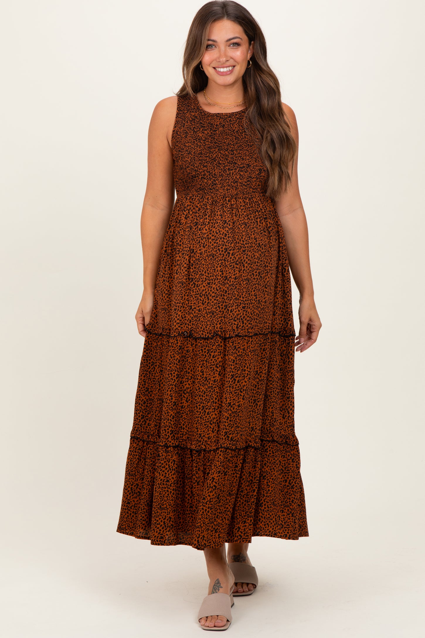Brown Animal Print Sleeveless Smocked Tiered Maternity Maxi Dress