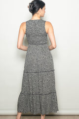 Grey Animal Print Sleeveless Smocked Tiered Maxi Dress