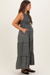 Grey Animal Print Sleeveless Smocked Tiered Maternity Maxi Dress