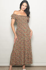 Olive Floral Off Shoulder Smocked Maternity Maxi Dress