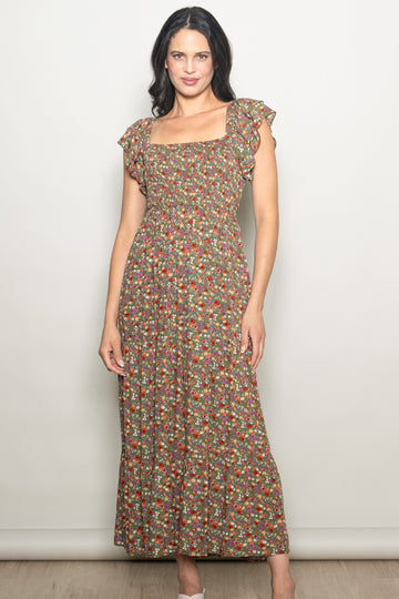 Olive Floral Off Shoulder Smocked Maxi Dress