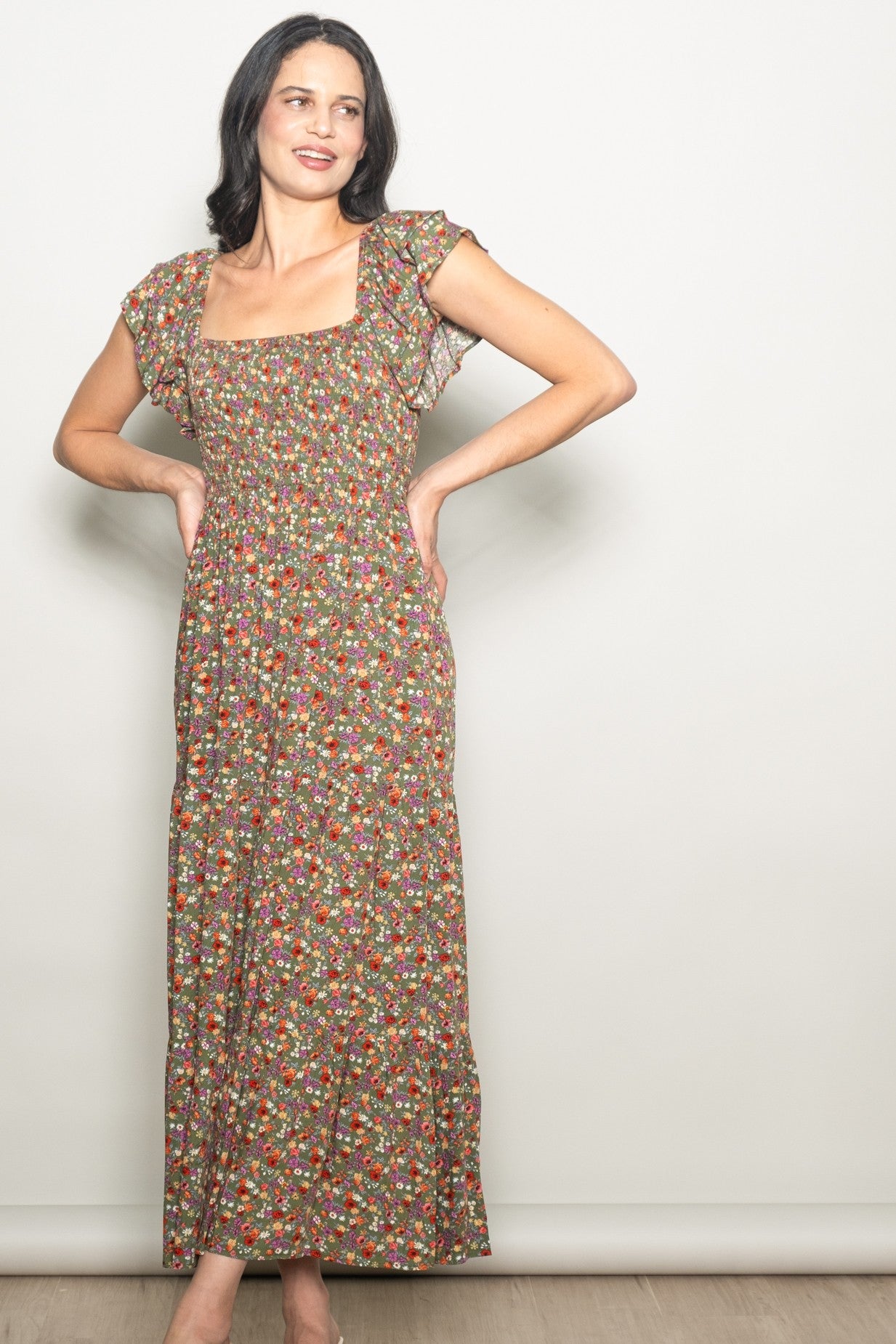 Olive Floral Off Shoulder Smocked Maxi Dress