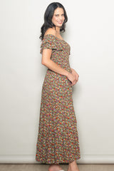 Olive Floral Off Shoulder Smocked Maxi Dress