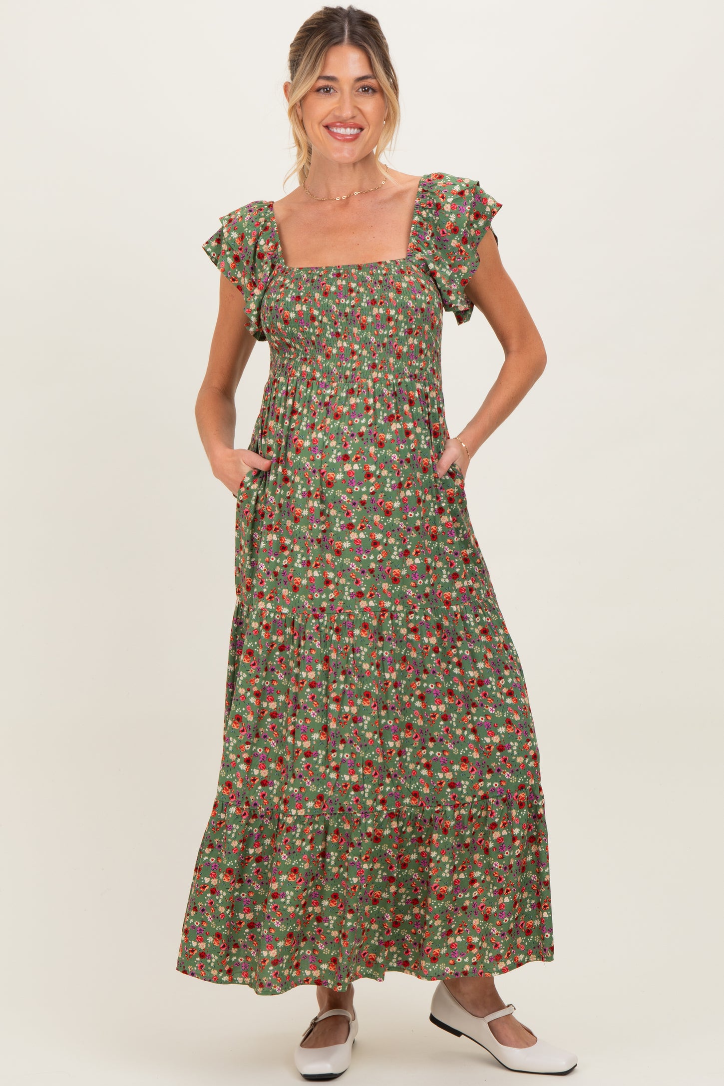 Olive Floral Off Shoulder Smocked Maternity Maxi Dress