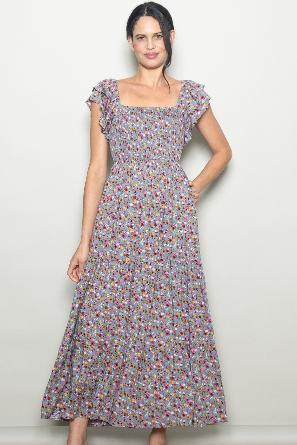 Blue Floral Off Shoulder Smocked Maxi Dress