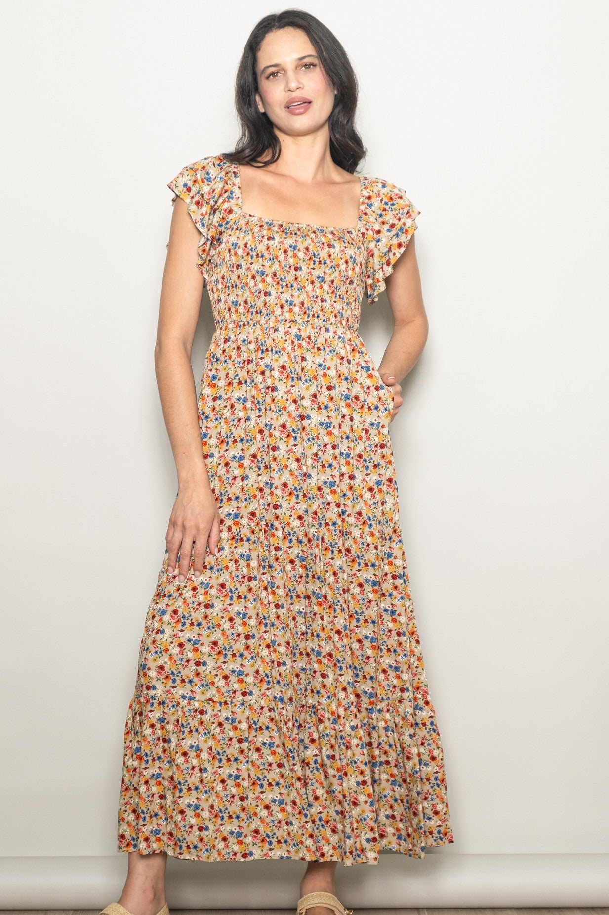 Camel Floral Off Shoulder Smocked Maxi Dress