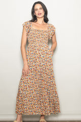 Camel Floral Off Shoulder Smocked Maxi Dress