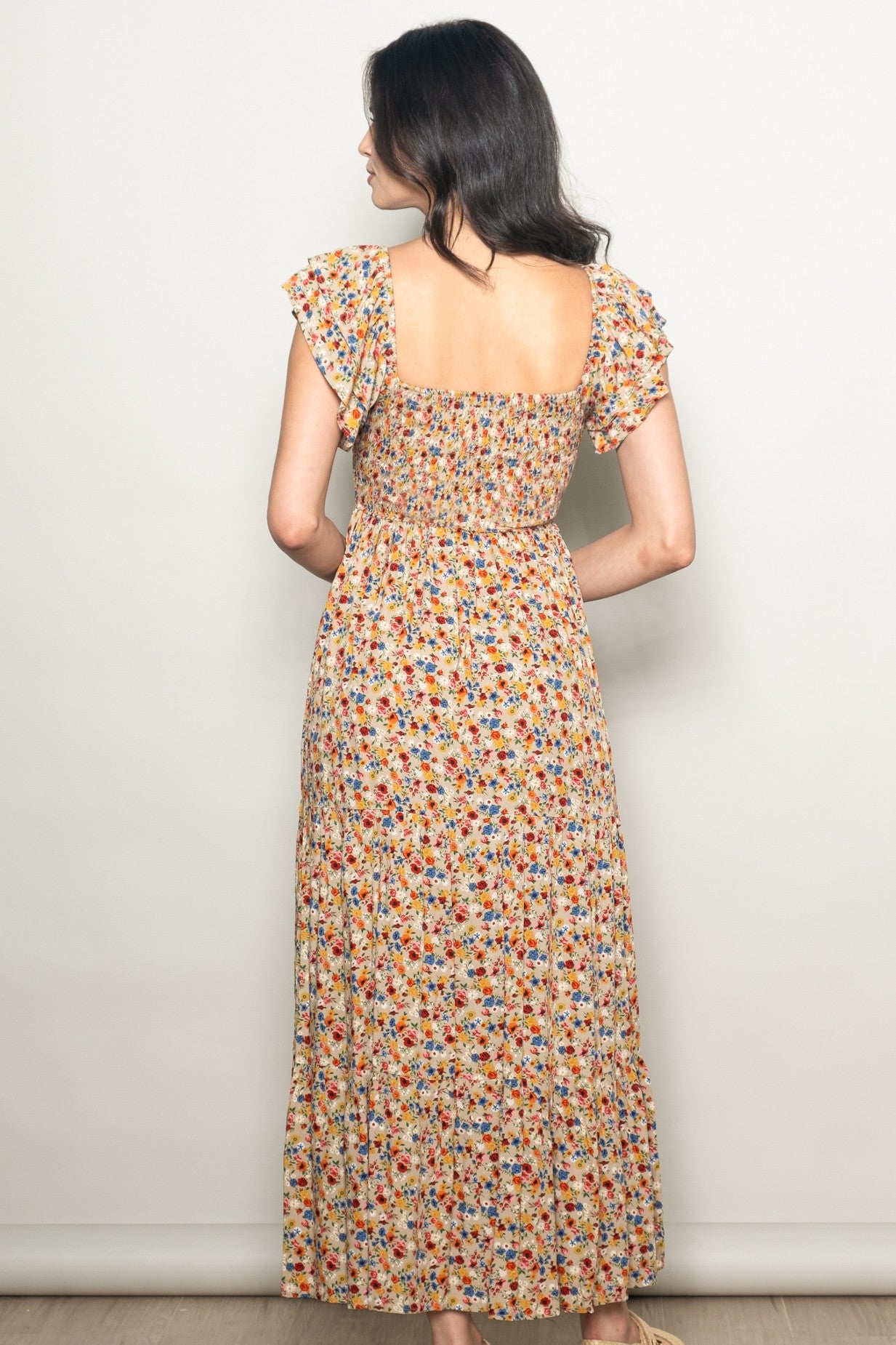 Camel Floral Off Shoulder Smocked Maxi Dress