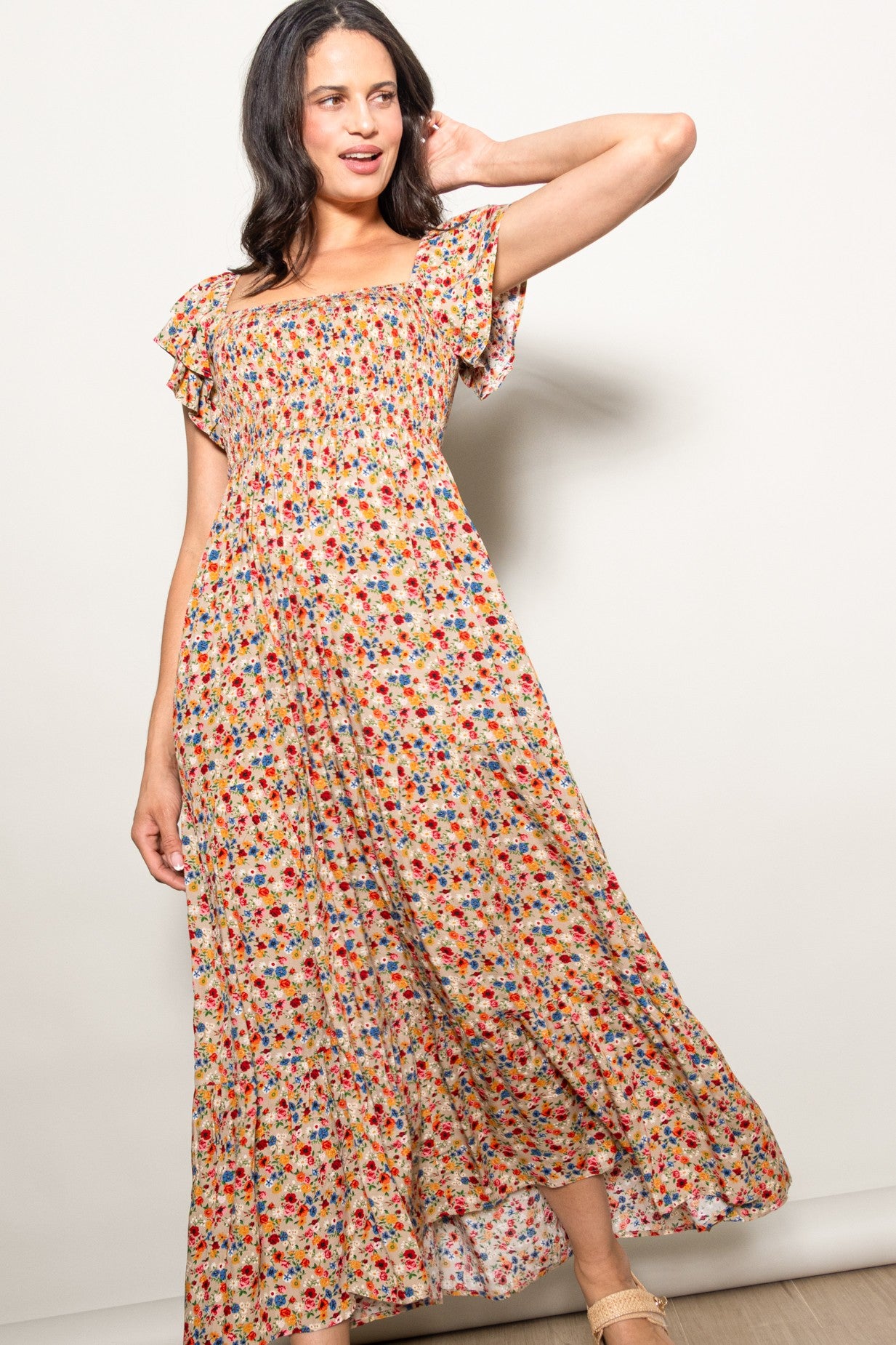 Camel Floral Off Shoulder Smocked Maxi Dress