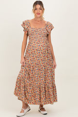 Camel Floral Off Shoulder Smocked Maternity Maxi Dress