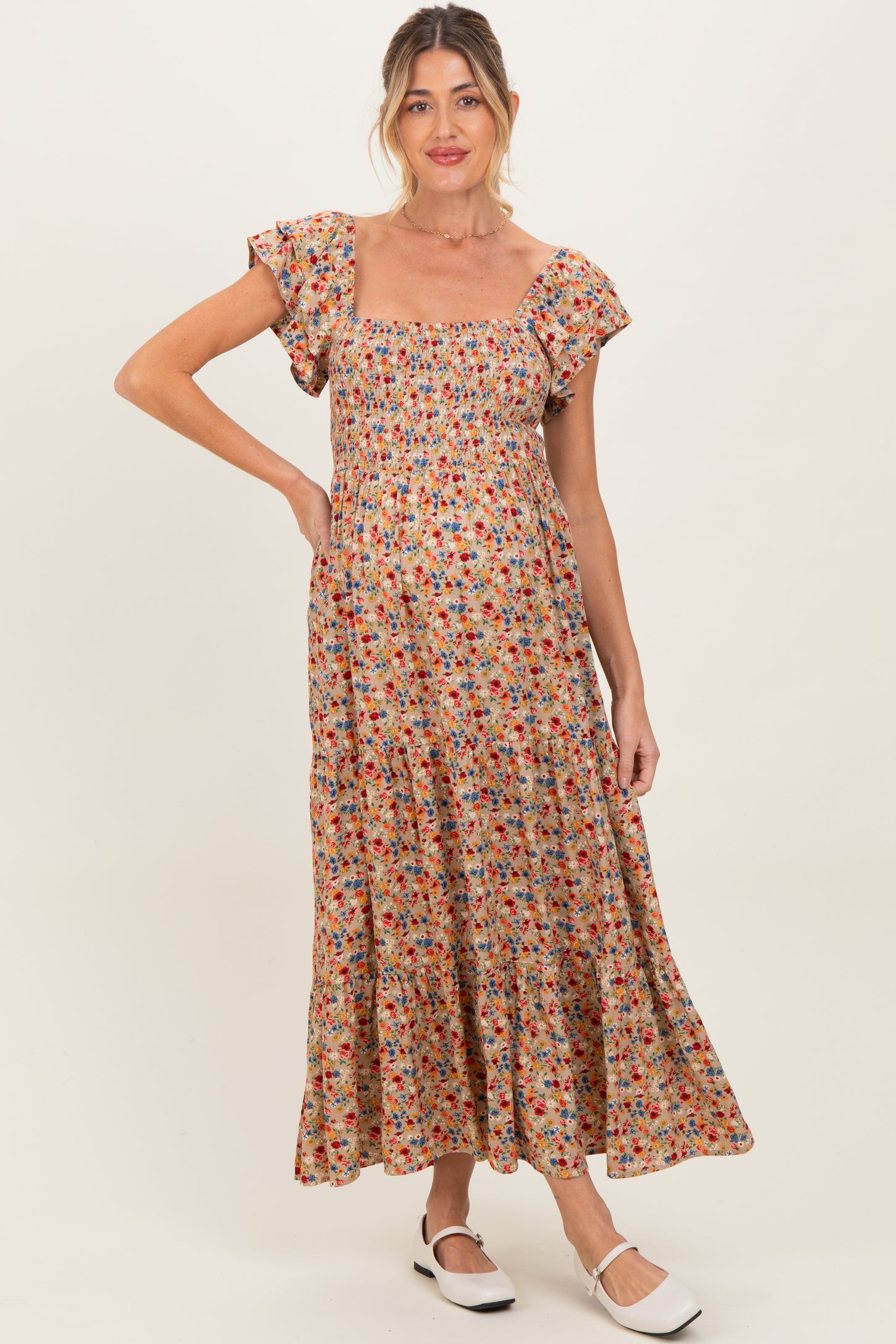 Camel Floral Off Shoulder Smocked Maternity Maxi Dress