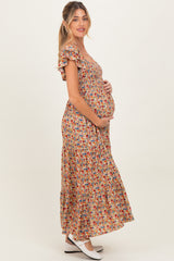 Camel Floral Off Shoulder Smocked Maternity Maxi Dress
