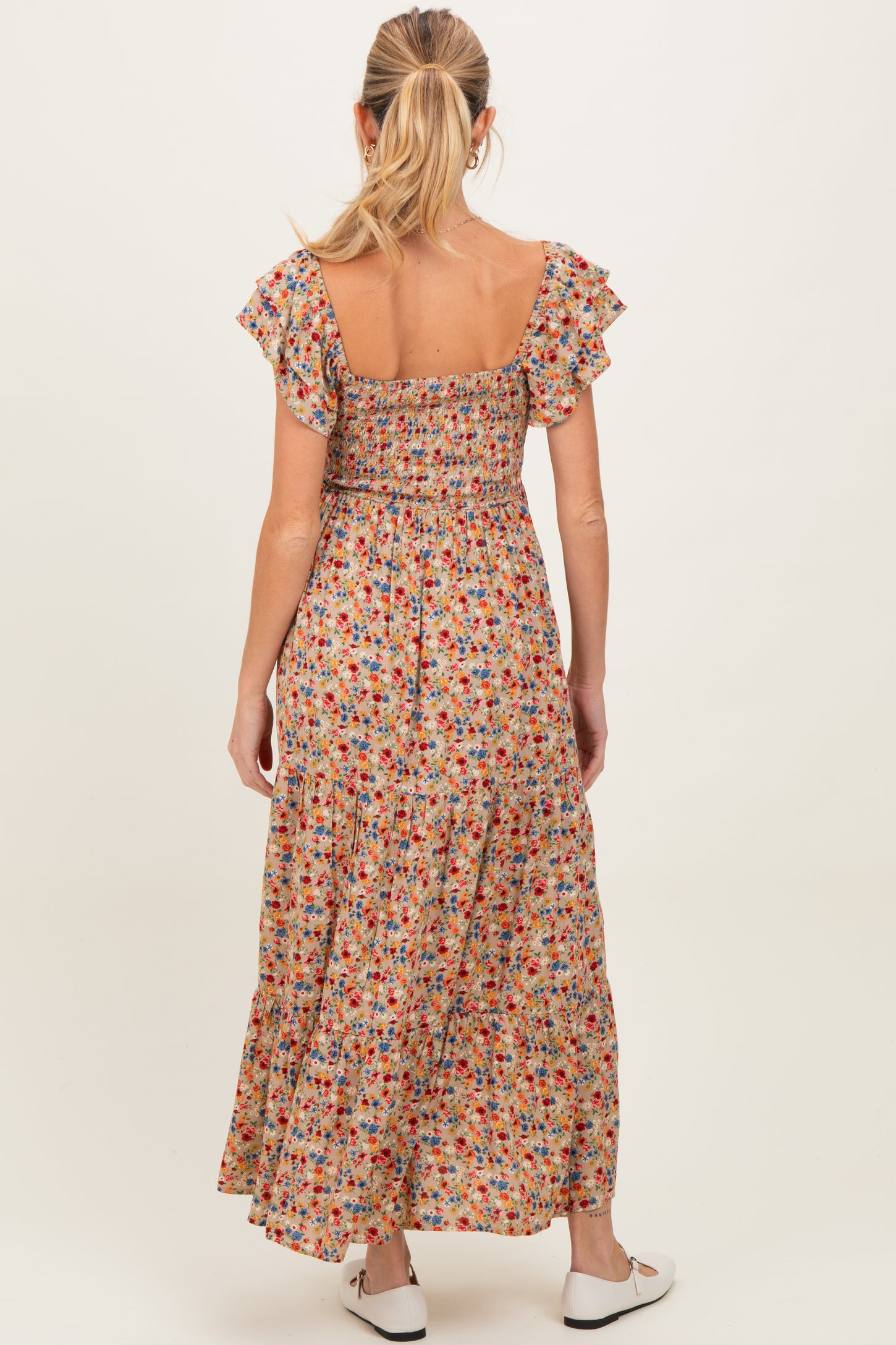 Camel Floral Off Shoulder Smocked Maternity Maxi Dress
