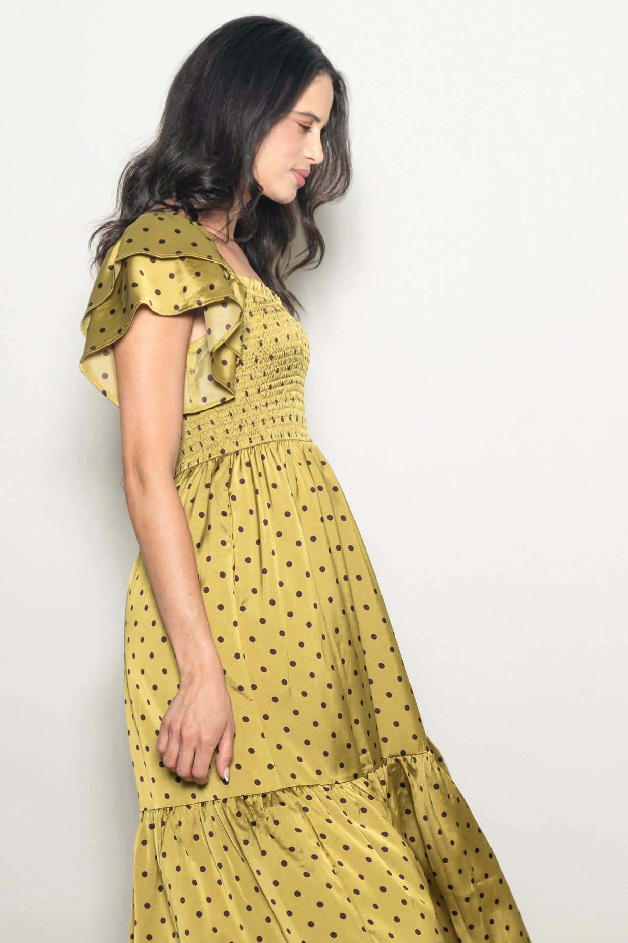 Light Olive Polka Dot Satin Smocked Flutter Sleeve Dress