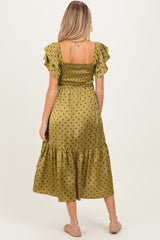 Light Olive Polka Dot Satin Smocked Flutter Sleeve Maternity Dress